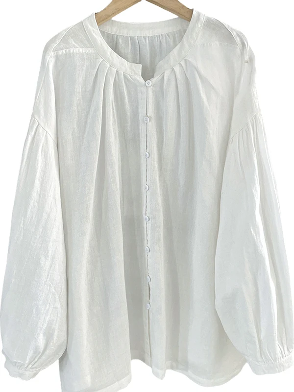 Luźna, długa bluzka damska z bawełny i lnu na lato, uniwersalna, z rękawami typu lampion, chroniąca przed słońcem, okrągły dekolt...