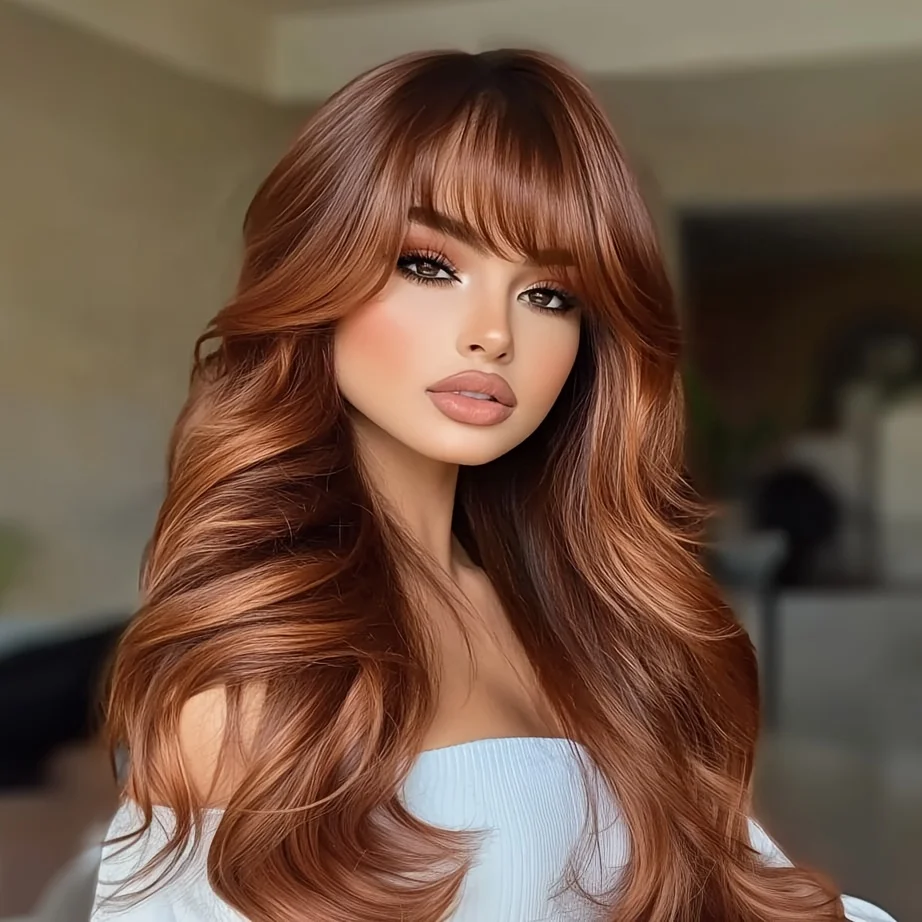 Fashionable ladies' wig with curly hair, featuring elegant deep orange highlights, 22 inches in length