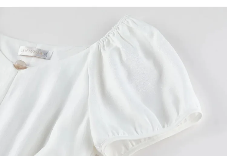 SENTUBILA Damen A-Linien-Kleid, weiß, V-Ausschnitt, asymmetrischer Schnitt, farblich abgesetzte Details, mit Perlen verziert, mit Bändern, kurze Puffärmel, Kleid 162LO5948 – Detail 34