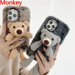 3D Cute Rabbit Fluffy Plush Bear Phone Case For Oneplus 10 Pro 9 8 7 6 5 9R 8T 7T 6T 5T 3T One Plus Nord N20 N10 N100 Soft Cover