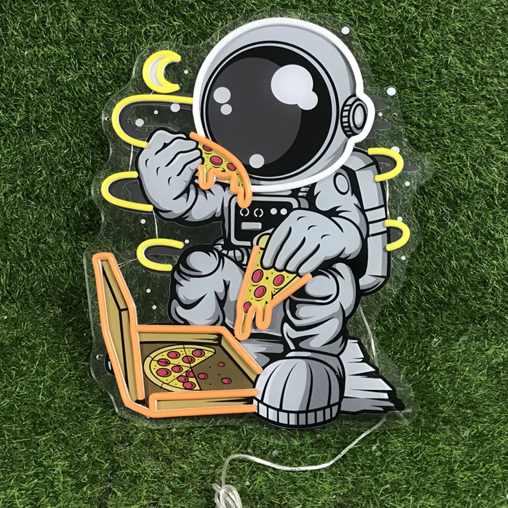 Imagem -03 - Loja de Pizza Neon Light Sinal do Astronauta Spaceman Eating Pizza Impressão uv Art Wall Decor Luz Led