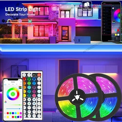 Luzes de tira LED para decoração do quarto, SMD 5050 RGB, fita LED, sincronização de música, controle remoto Bluetooth, DC 5V Neon Lights, TV Backlight, 100ft