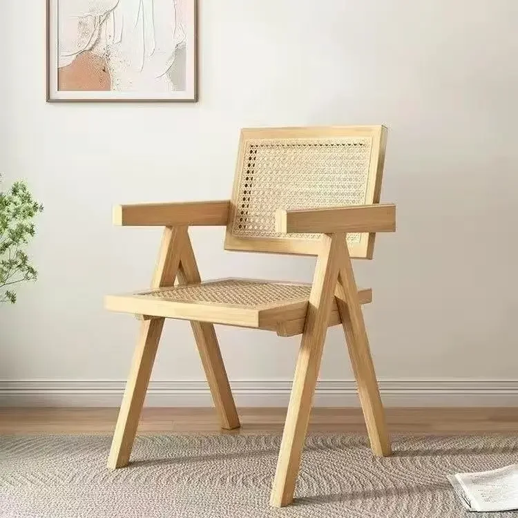 Rattan-woven chairs accommodation hotel home use solid wood dining chair Nordic log armrest back Chandigarh chair rubber wood