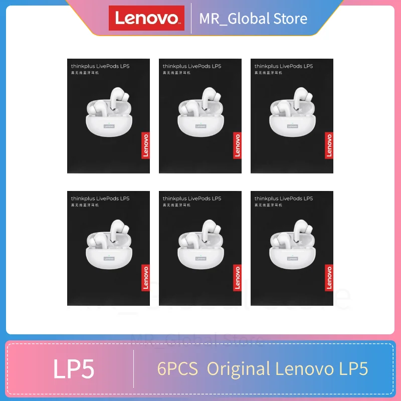 6PCS Original Lenovo LP5 Wireless Bluetooth Earbuds Sports Waterproof Headset HiFi Music Earphone With Mic Headphones