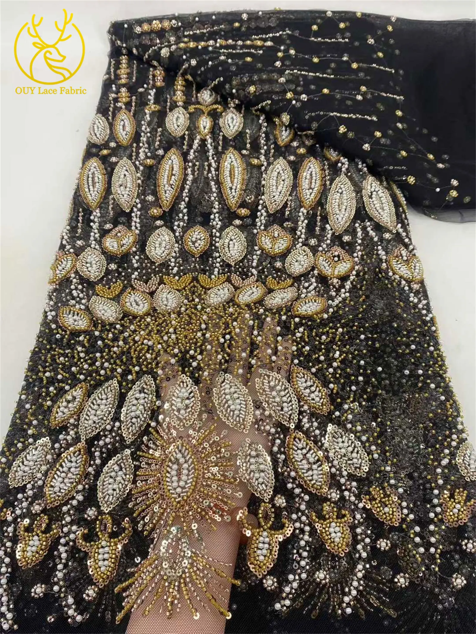 新デザインビーズレース生地5ヤード エレガントなフランスナイジェリアスパンコール刺繍チュールメッシュレース生地 パーティードレス縫製用