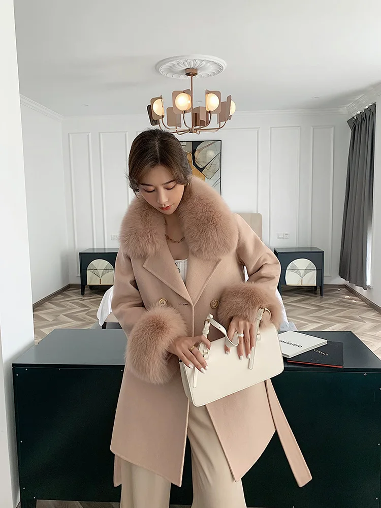 

2023 Woolen fur,Eruopean Brand design real wool Trench coats elegant khaki real fox fur jackets outerwear