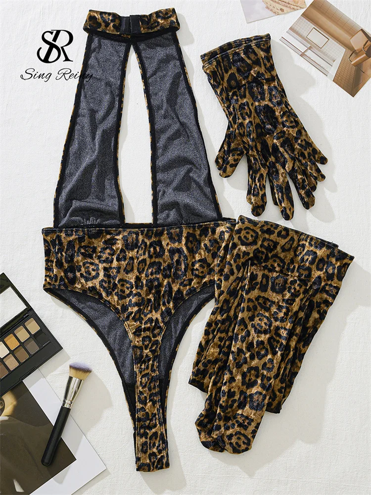 SINGREINY 2025 Leopard Print Sexy Bodysuits Halter Hollow Out Slim Backless Rompers Streetwear Fashion Cosplay Erotic Playsuits