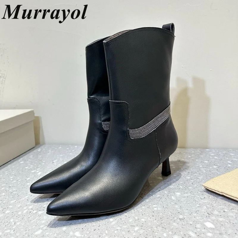 

Pointed Toe String Bead Decor Short Boots Women Genuine Leather Thin Heel Mid Calf Boots Spring Autumn Retro Chelsea Boots