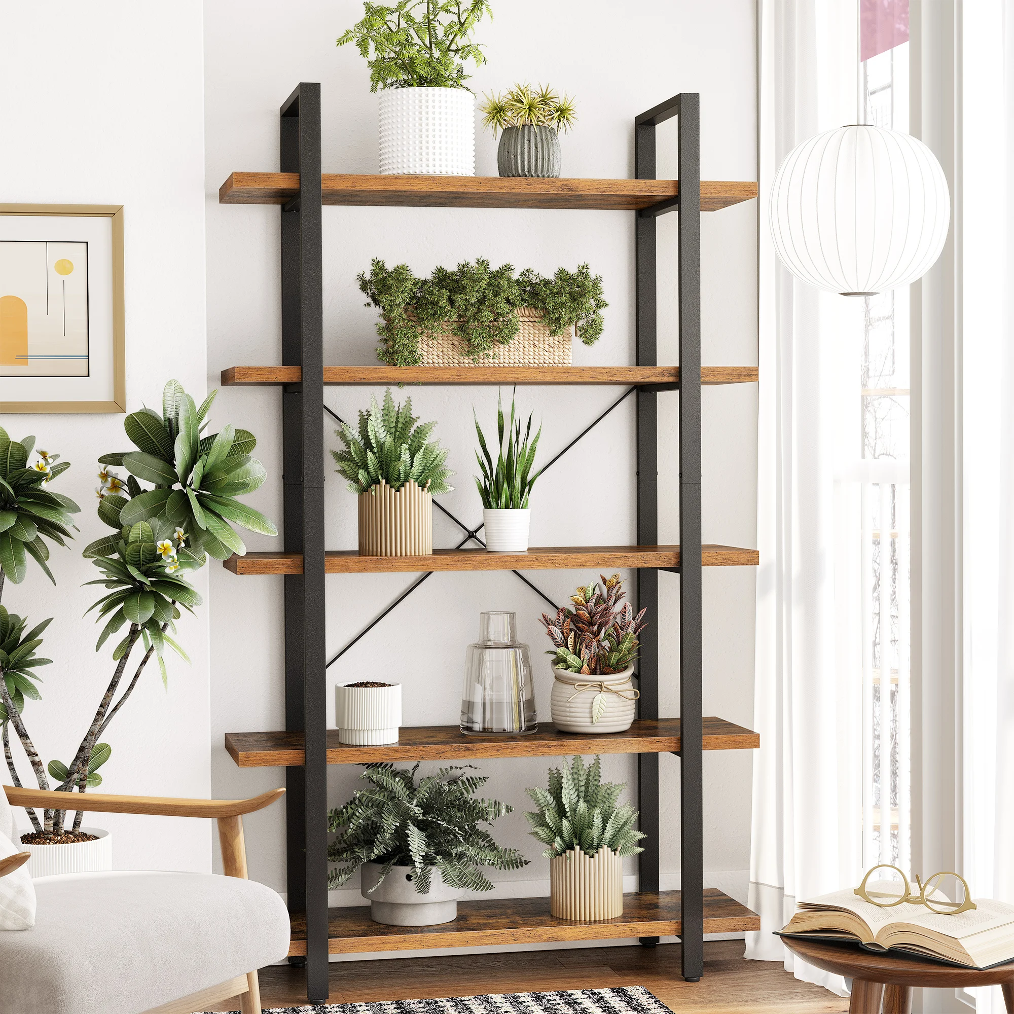 VASAGLE Bücherregal, Standregal mit 5 Ebenen, Regal, Wohnzimmerregal, Wohnzimmer, Schlafzimmer, Büro, vintagebraun-schwarz