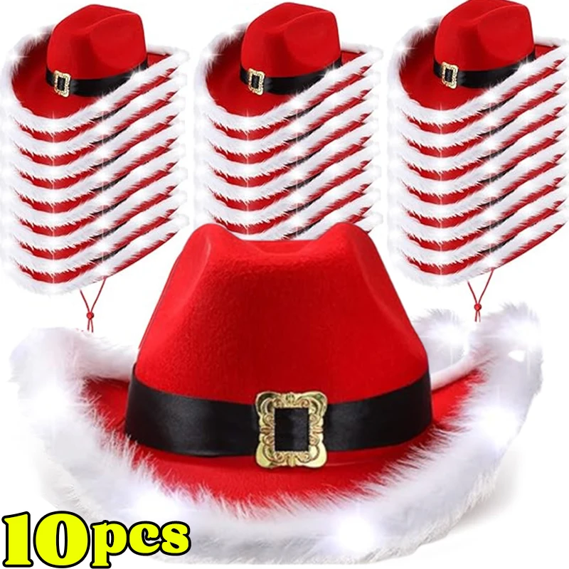 10pcs Fashion Santa Claus Party Christmas Luminous Cowboy Hat Western Red Felt Hats Wide Brim Cowgirl Hat Jazz Hat for Women Men