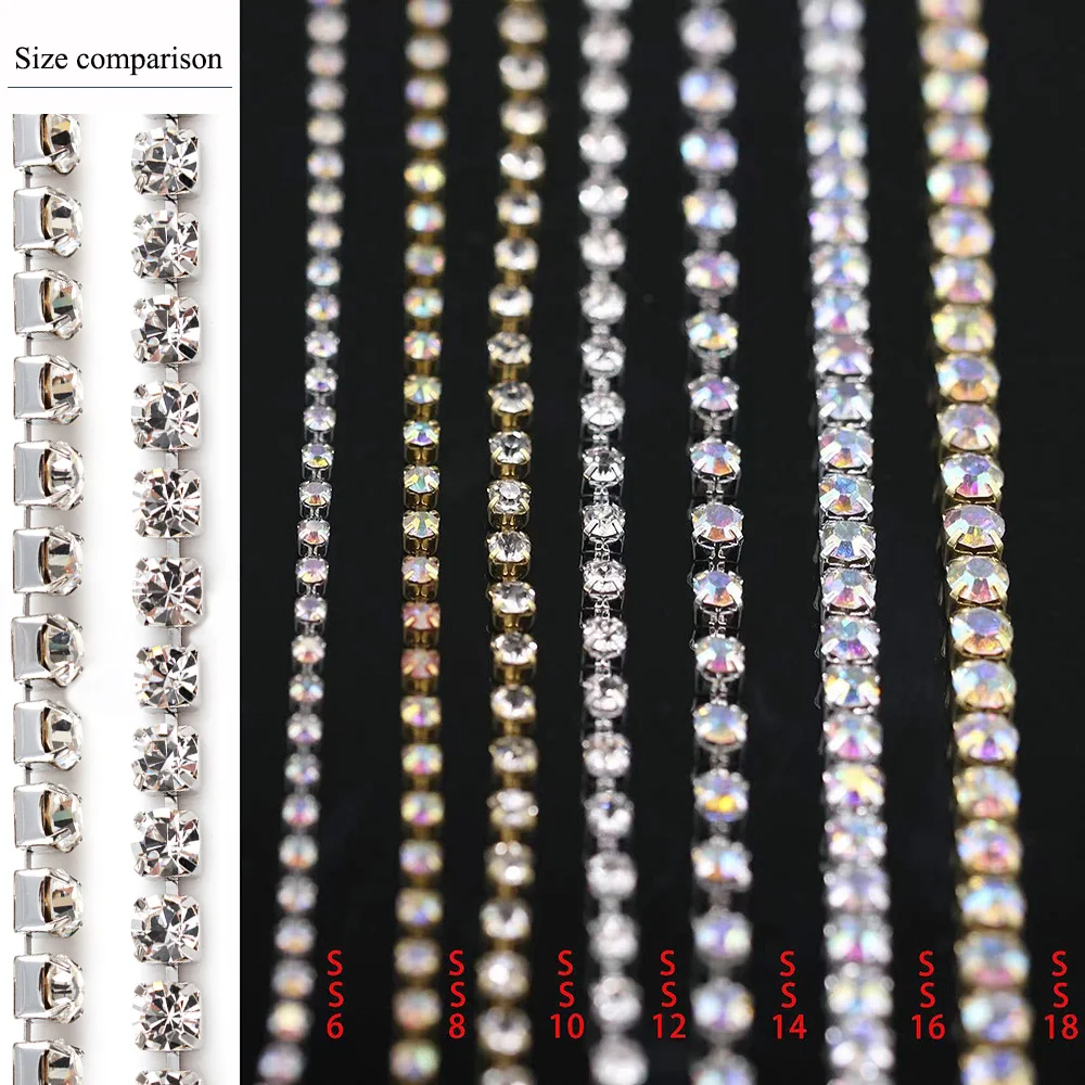 Silver Base Rhinestones Chain, Shiny Glass Crystal Stone, DIY Handcraft Stones, Sewing Strass Chian, 1 Meter