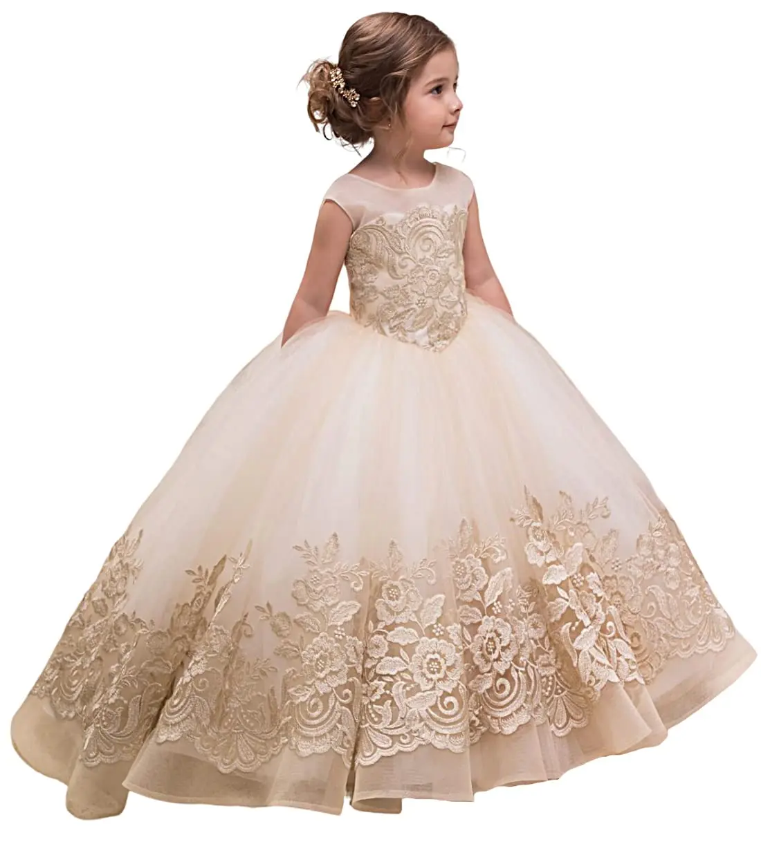 Little/Big Girls Flower Girl Dresses With Bow Applique V Back Wedding Party Dress For Toddler Kids First Communion Pageant Gowns