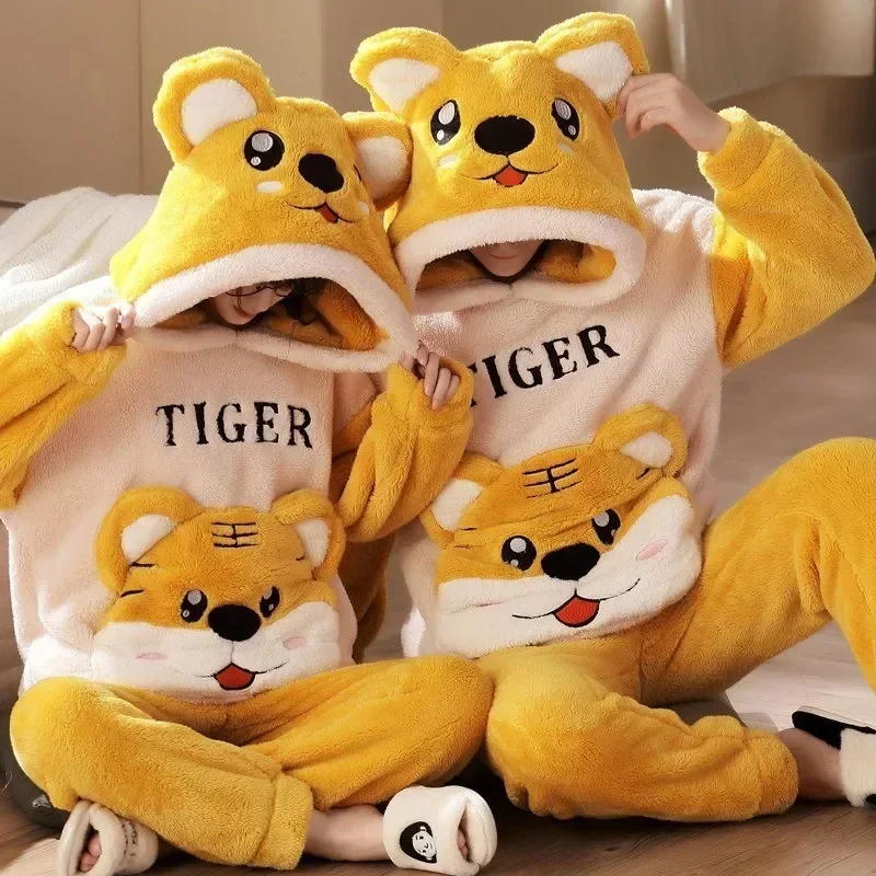 Winter Thicken Couples Pajamas Sets Sleepwear Adult  Cartoon Cat Kawaii Women Men Anime Pyjamas Korean Hoodie Suits Nightgown