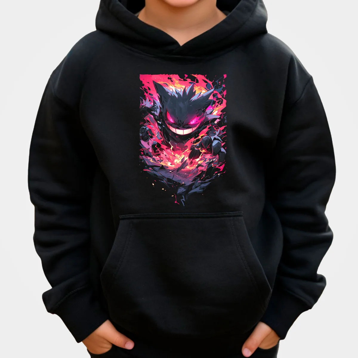 Pokemon Anime Gengar Sudadera con capucha de algodón Color negro Estampado de salpicaduras colorido con Fiery Aura Ajuste suelto Otoño Invierno Calor