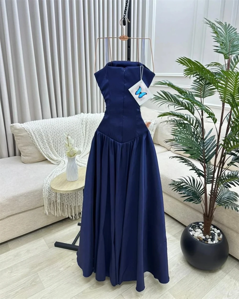 Customized Exquisite Blue Satin Strapless Vestido De Festa Sleeveless A-Line Bespoke Occasion Gowns Floor Length Evening Dresses