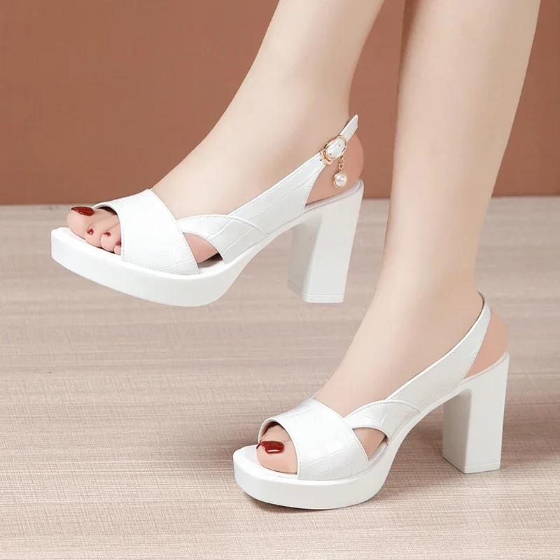 8cm Open Head Genuine Leather Sandals Woman Block High Heels Shoes Summer 2024 Ladies Office Thick Platform Sandals Beach Mom