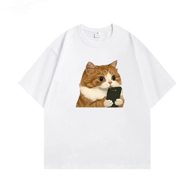 Chat Nouveau Camiseta À Manches Courtes Hommes Et Femmes Chat Mignon Chat Criativo Dessin Animé Simples Pur Coton Impression Polyva