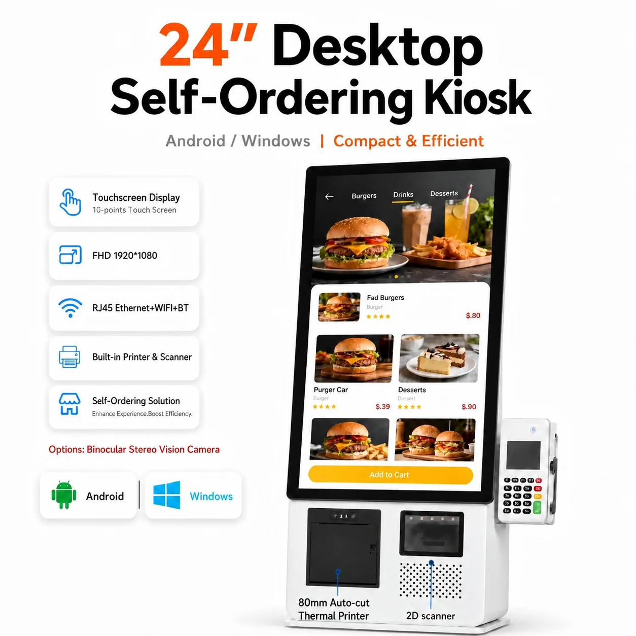 24 Inch FHD Desktop Self Ordering Kiosk Android 11 RK3288 / Windows I5 Touch POS Terminal Built-in 80mm Printer 2D Scanner