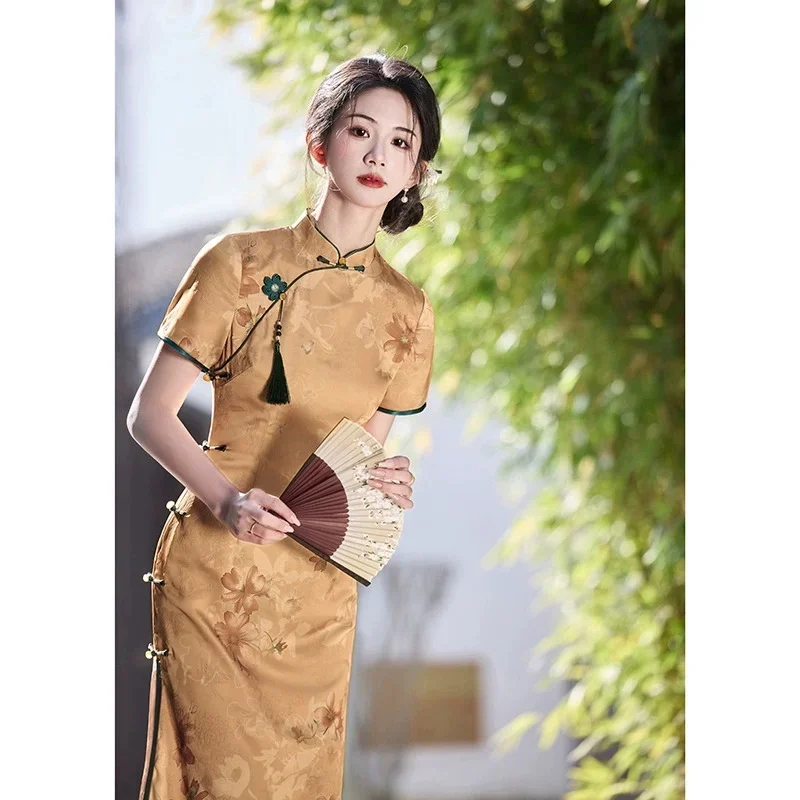 

Новое жаккардовое платье Cheongsam весна/лето 202, длинное улучшенное двухслойное платье Cheongsam с короткими рукавами для девочек