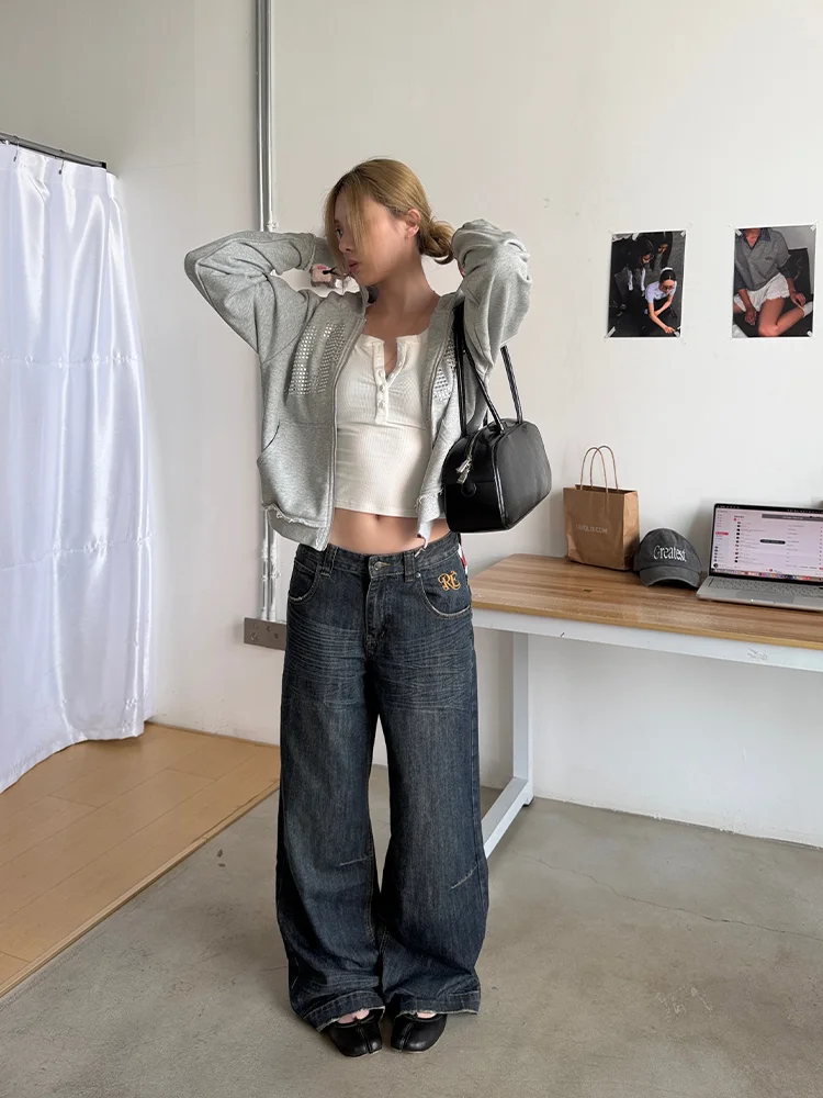 Large Size American Style  Washed Denim Back Waist Patch Women's Loose Wide Leg Draping Long Trousers Casual High Waist Jeans