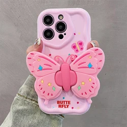 Pink Butterfly 3D Bracket Phone Case for iPhone 15 14 Plus 13 12 11 Pro Max XS X XR 8 7 6 SE 2022 2020 Silicone Wavy Edge Cover