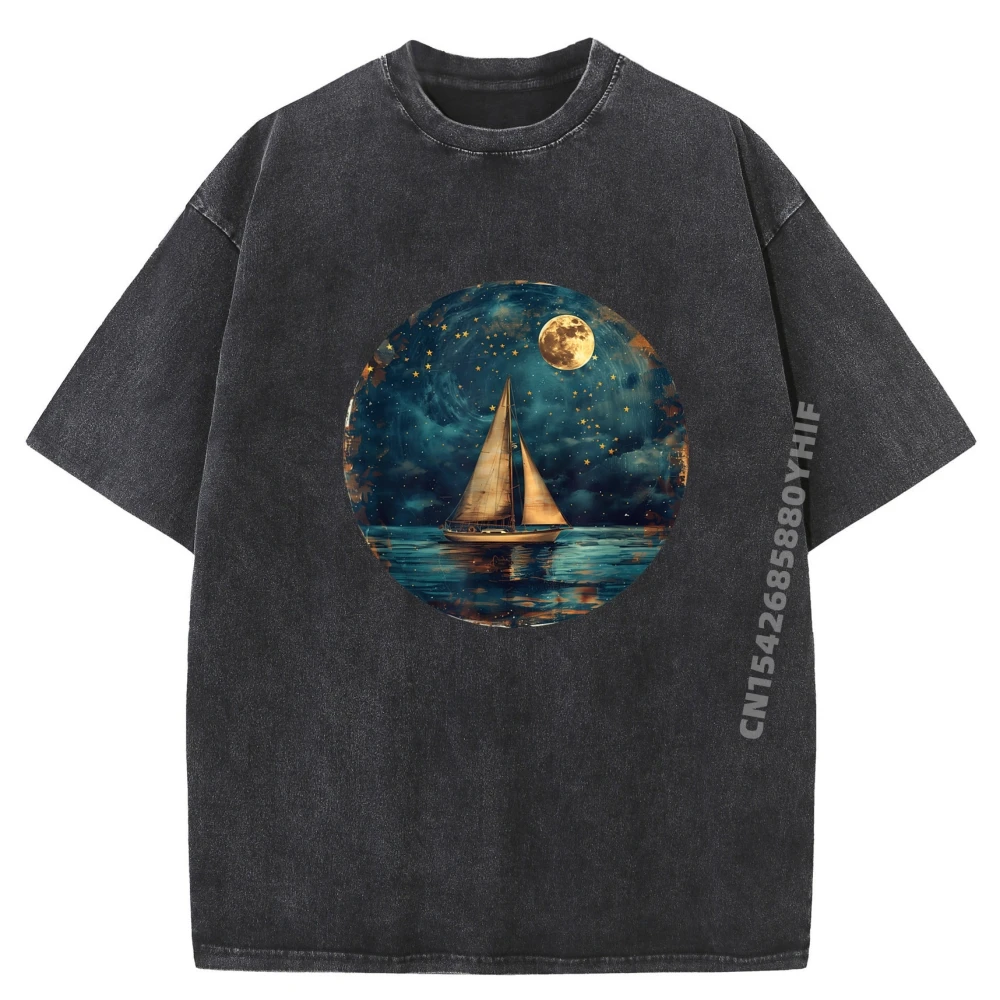 

Футболка с принтом «Парусник в полнолуние», ночные топы и футболки, футболки с графическим рисунком, мужская винтажная потертая футболка со скидкой