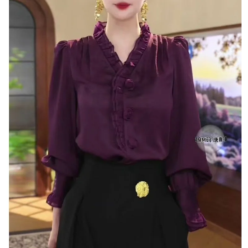 

Рубашка, новая летняя элитная легкая роскошная французская темпераментная уникальная шикарная фиолетовая рубашка с короткими рукавами для женщин