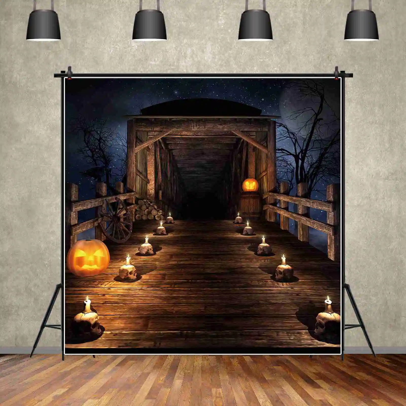 MOON.QG Photography Backdrop Exterior Halloween Outdoor Decoration Photo Background Wooden Corridor Candles Lights Up Props