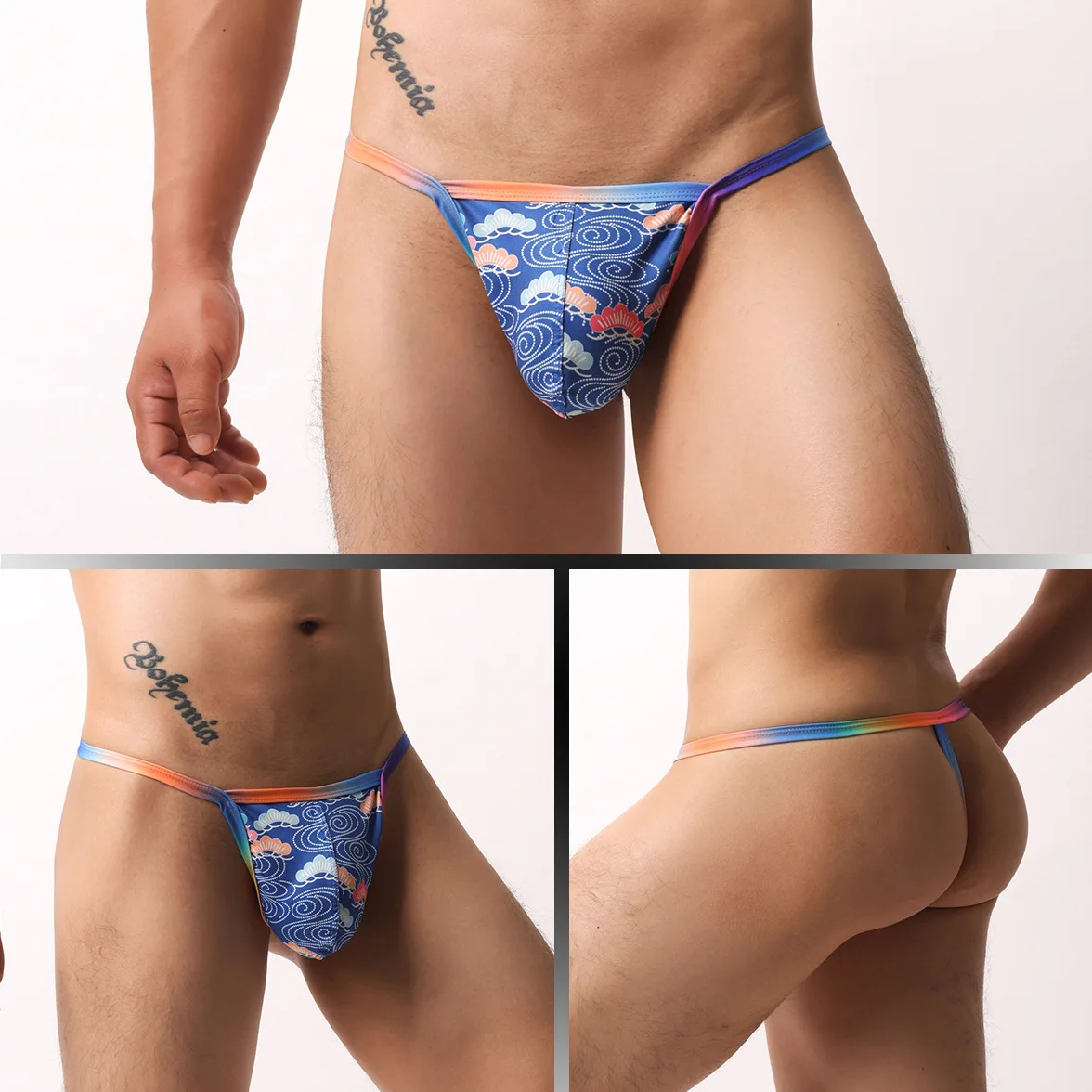 Men's Low Waist Underwear Sex Sexy Gay Thong Striped Breathable Mesh Elastic Soft Underpants Swimming Trunks Swimwear