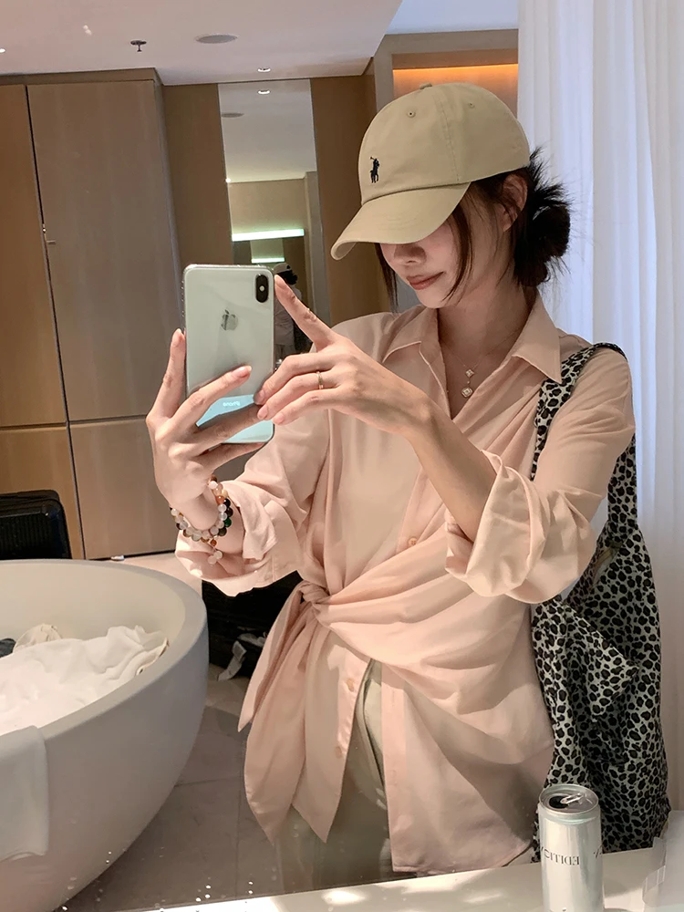 

Женская рубашка EKOOL с длинным рукавом, 100% хлопок, свободный крой, летняя, для похудения, с защитой от солнца, с узлом, универсальный стиль для повседневной носки