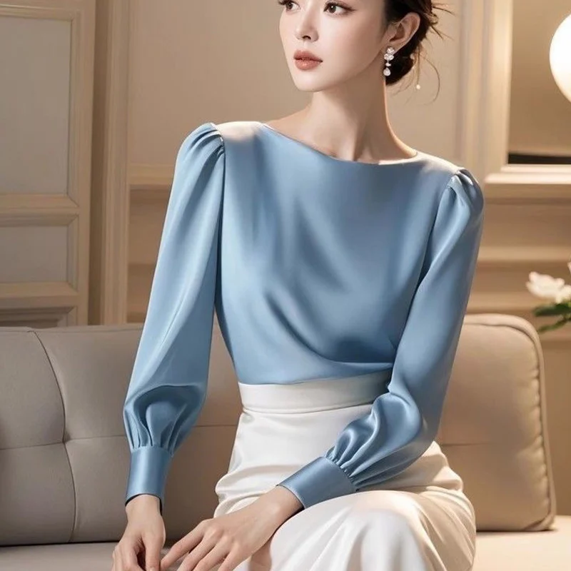 Primavera Autunno Semplicità Elegante Pieghettato Slash Neck Camicie a maniche lunghe Donna Temperamento Tinta unita Camicie in raso Donna Top Tee