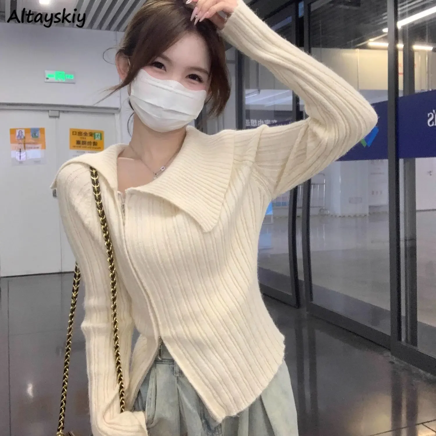 

Crop Knitted Cardigan Women Slim Zipper Autumn Winter Fluffy All-match Streetwear Turn-down Collar Ulzzang Aesthetic Temper New