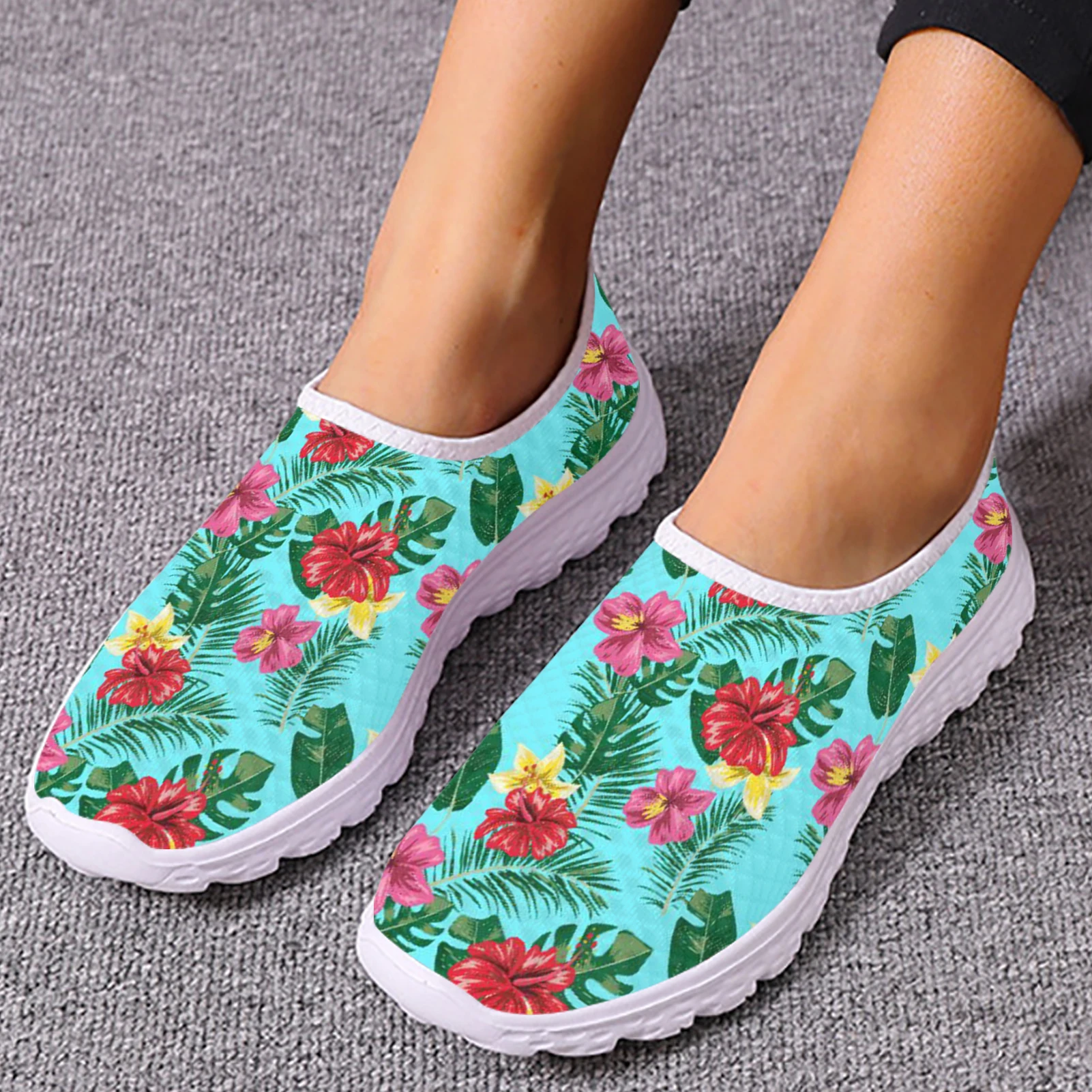 INSTANTARTS Pretty Tropical Flower Printing Women Flat Shoes Summer Breathable Slip-on Mesh Sneakers Lightweight Loafers Zapatos