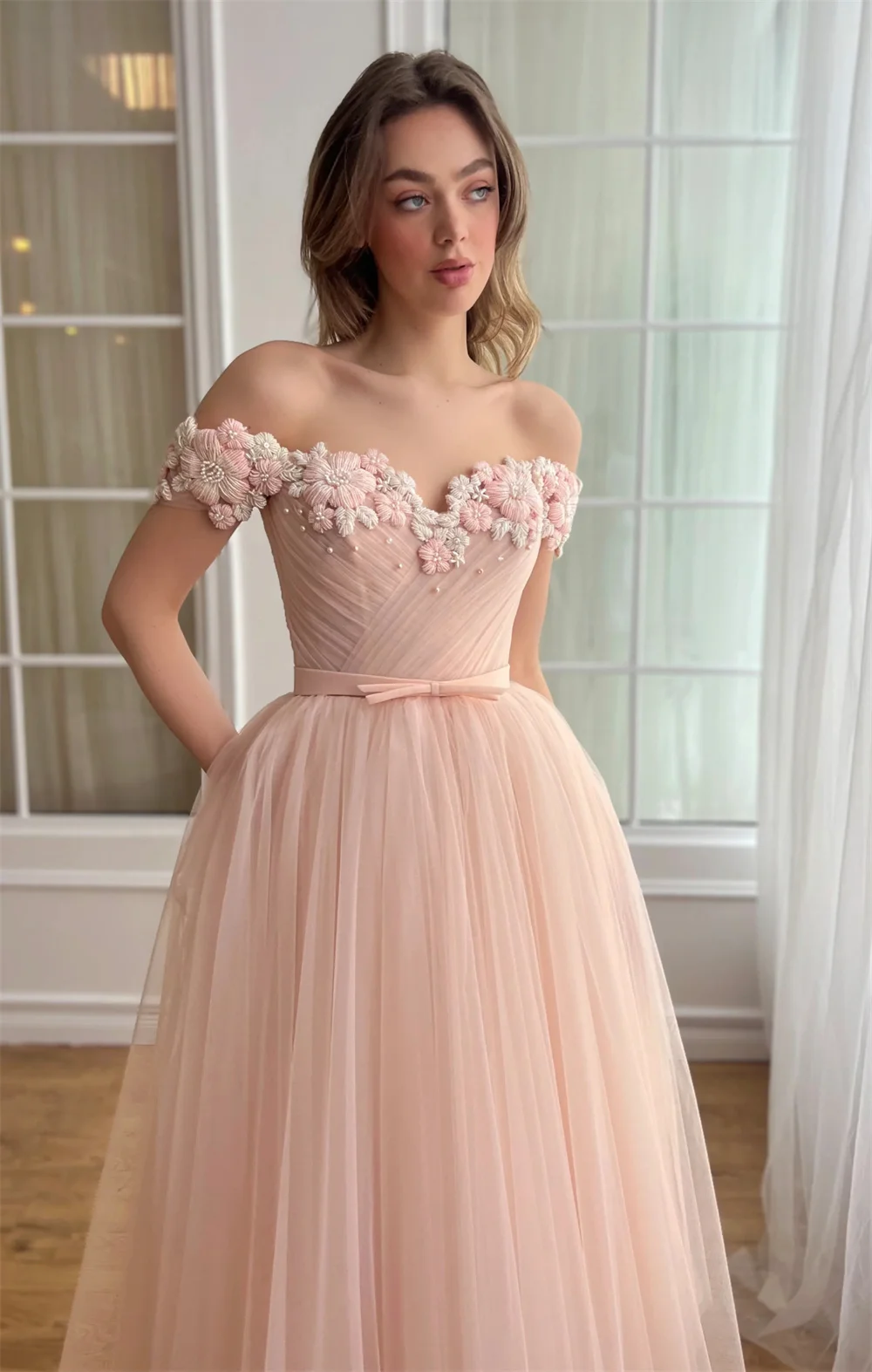 Elegant peach pink card shoulder handmade flower skirt tulle strap mini graduation prom dress homecoming party dress formal even