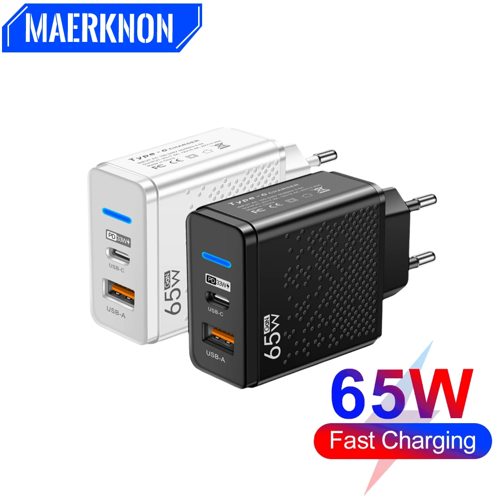 65W USB PD GaN Charger 2 Ports Type C Fast Chargring QC3.0 Phone Charger Adapter For iPhone 15 Xiaomi Samsung Huawei USB Charger