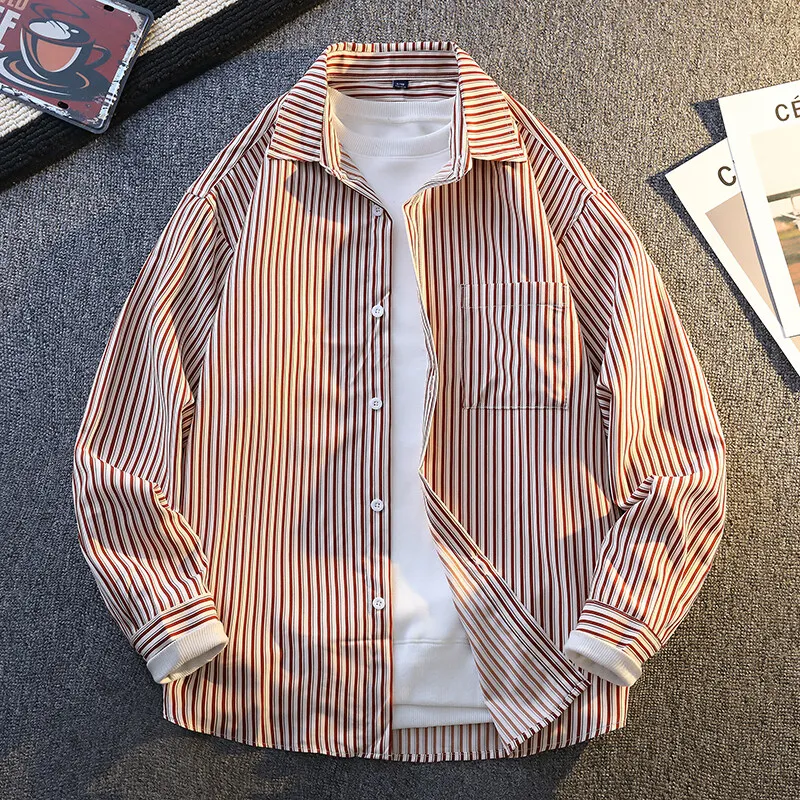 2025 spring/summer high-quality men's American workwear striped casual printed men's shirt pure cotton shirt