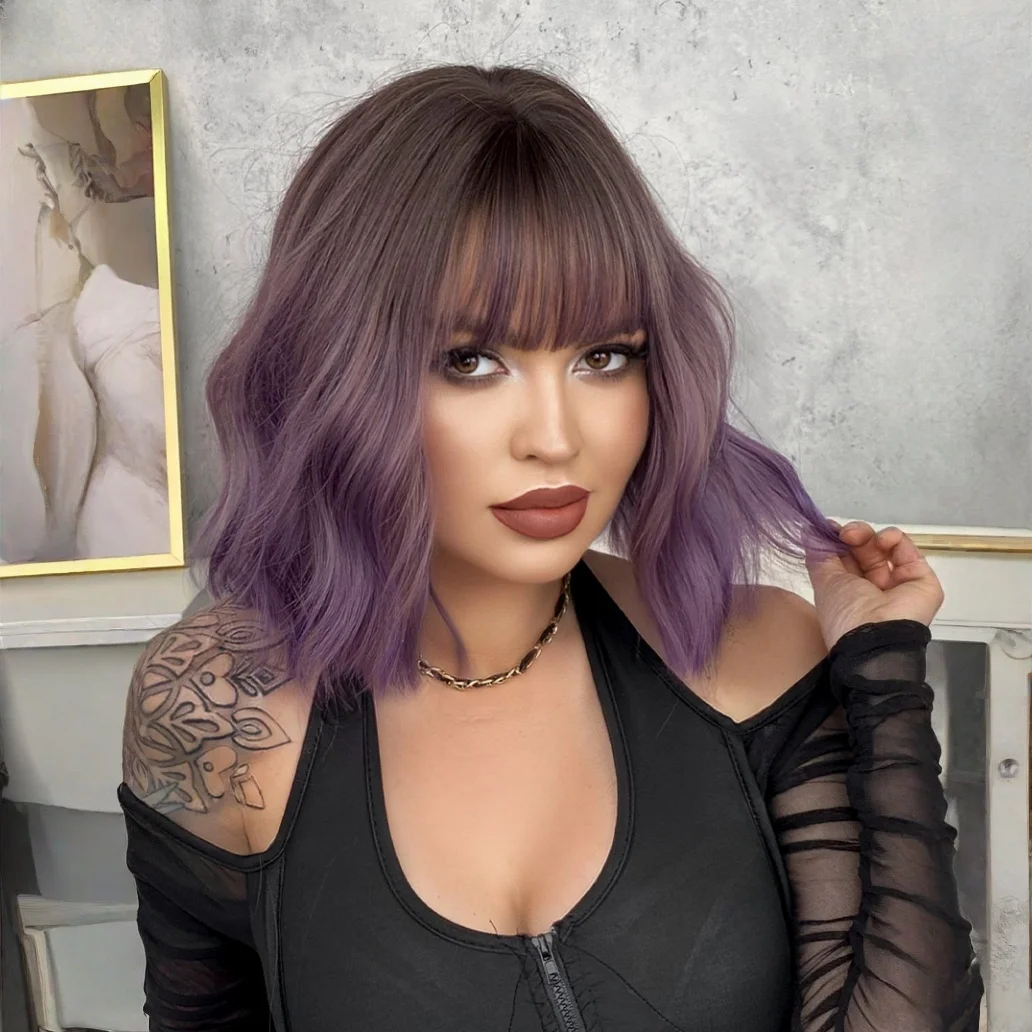 

Synthetic Shoulder Length Wig -Purple Water Ripple Wig Pear Flower Short Curly Air Bangs Chemical Fiber Women Wig