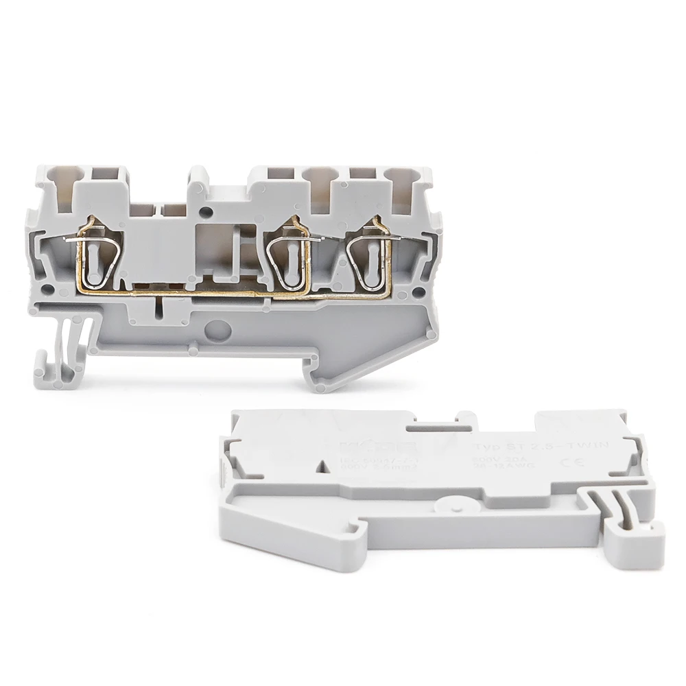 10Pcs ST2.5-TWIN Spring Clamp Terminal Block, 2.5mm² DIN Rail Connectors, 28A 1-in-2-out