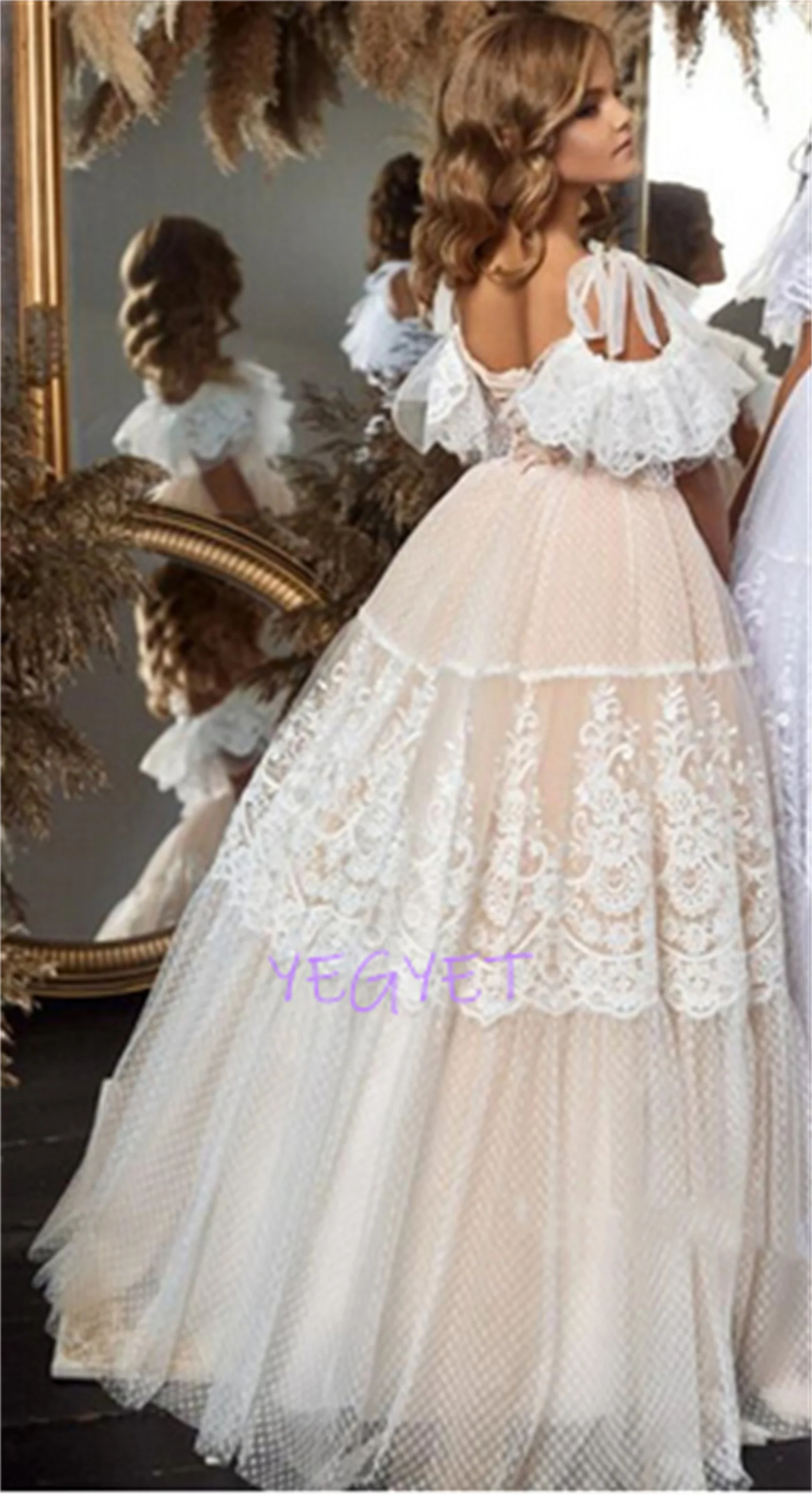 

Delicate White Lace Tulle Dress Princess Flower Girl Dress for Wedding Corset Back Long First Communion Dress Pageant Gown