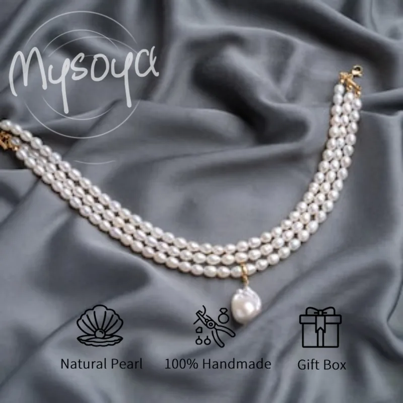 

MYSOYA трехслойное ожерелье из белого риса с пресноводным жемчугом 6-7 мм и 12-14 мм, подарочная коробка для нее, подходящая для дня рождения, свадьбы