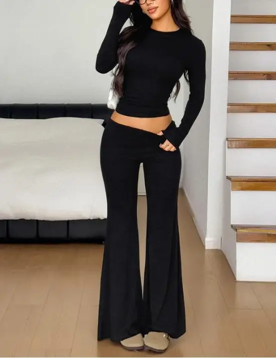Women's Stylish Turtleneck Set Stretchy Fabric with Long Sleeve Top and Wide Leg Pants Versatile Outfit Set