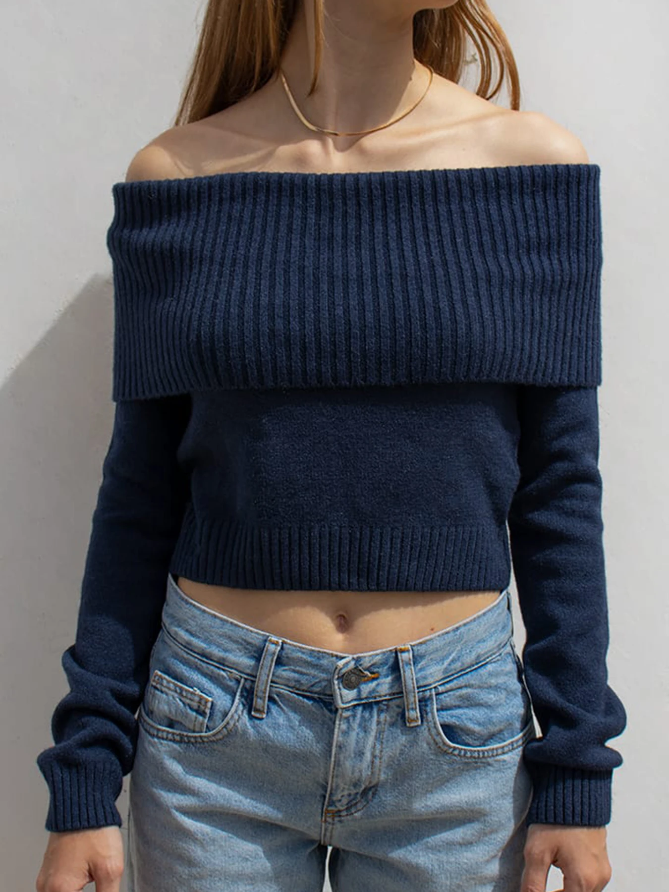 Cuteandpsycho Slash Neck Solidne swetry Jesienne eleganckie stroje damskie Y2K Streetwear Casual 2000s Slim Vintage Knit Pullovers