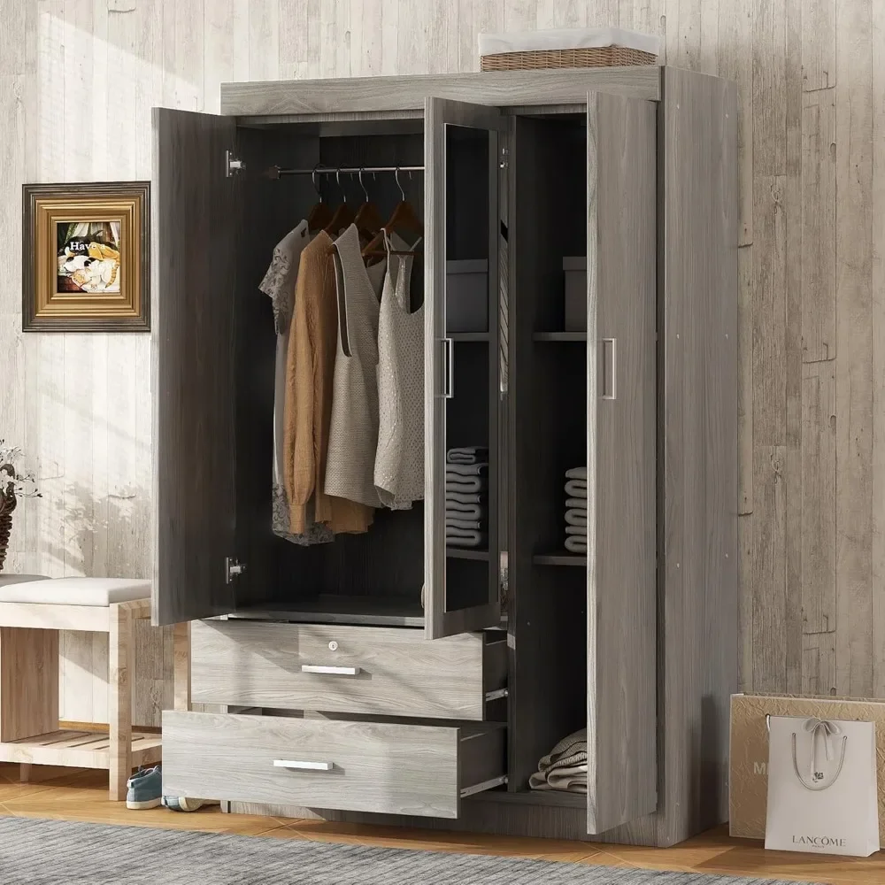 Three-Door Wardrobe with Two Drawers, Hanging Clothes Area with 2 Doors and Mirror, Stack Clothing with 3 Shelves, Gray