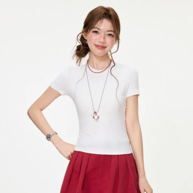 

Korean Style Versatile White Round Neck Shoulder Short Sleeved T-Shirt for Spring and Summer Simple and Slim Fit Top for Women