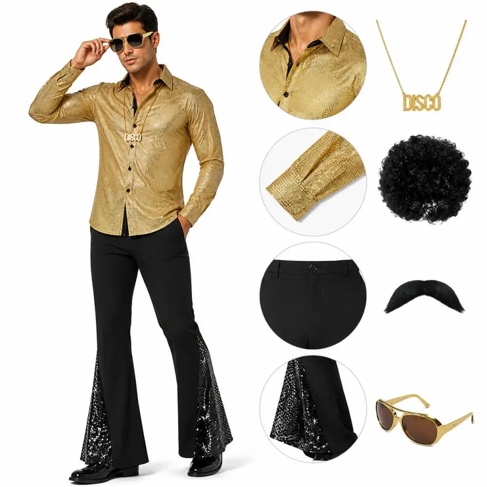 Mens 70s Disco Costume Set Shiny Shirt Flared Pants Halloween Party Outfit Wig Sunglasses Mustache Necklace Carnival Cosplay Sui