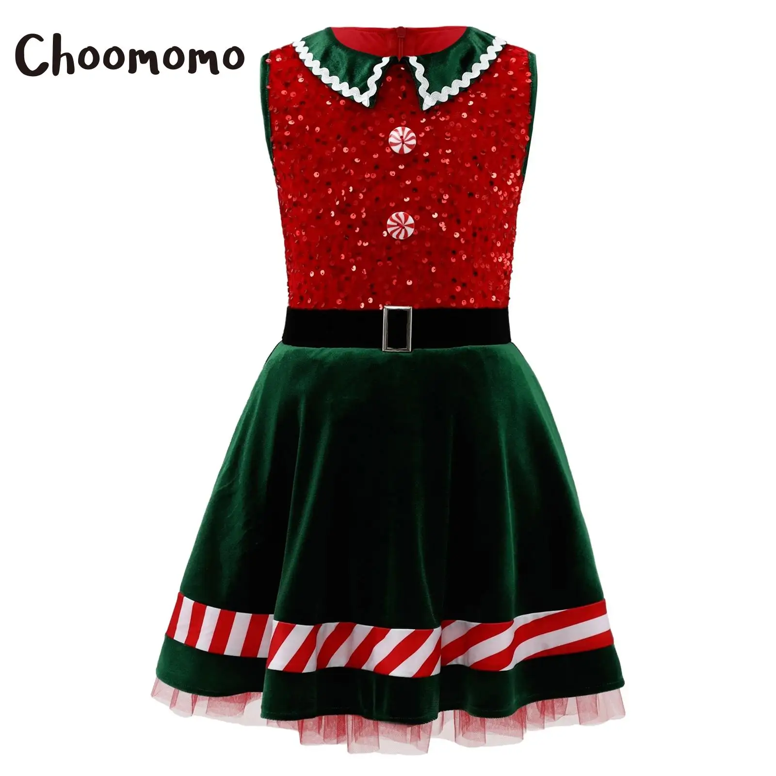 

Girls Sequins Christmas Elf Costume Sleeveless Figure Skating Leotard Candy Cane Ballet Tutu Dress Xmas Party Santa Claus Dress