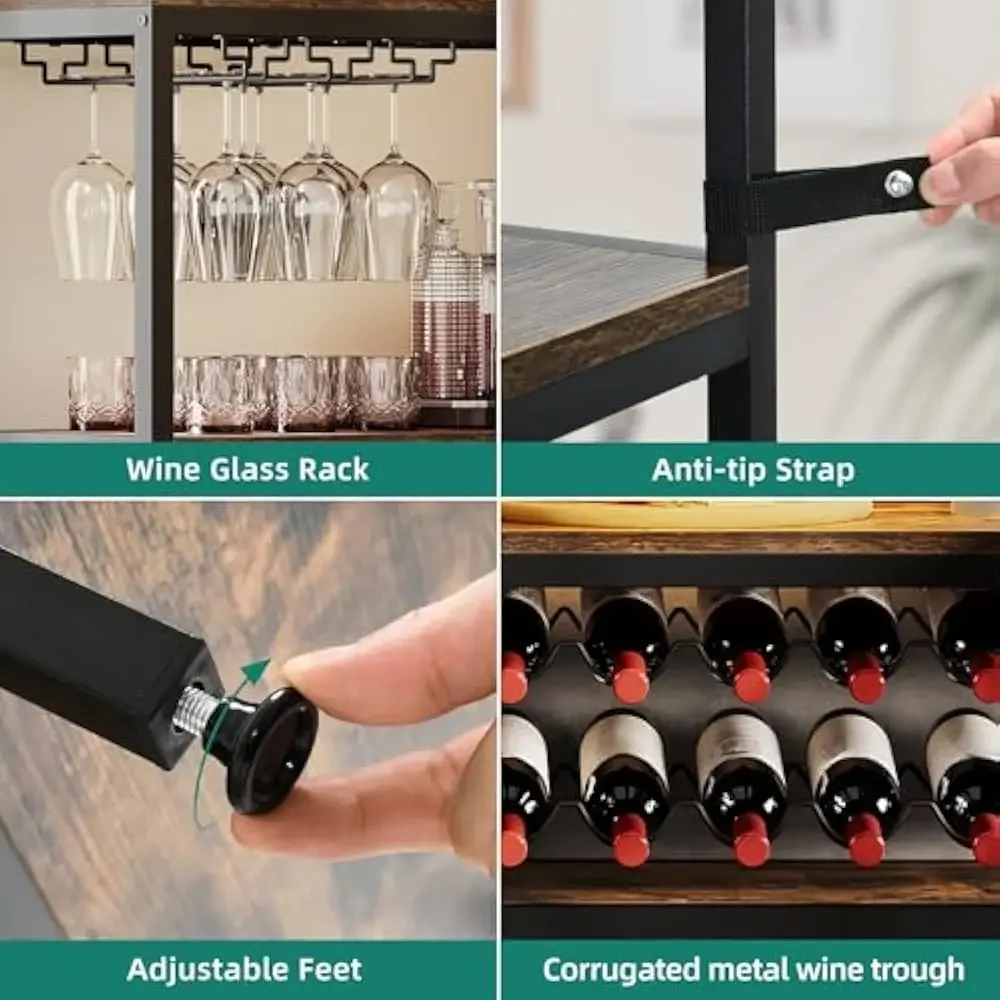 Rack de vinho de canto grande de 63 '', armário de barra de canto com tomada de energia e luz LED, armários de licor em forma de L de 5 camadas com suporte de vidro