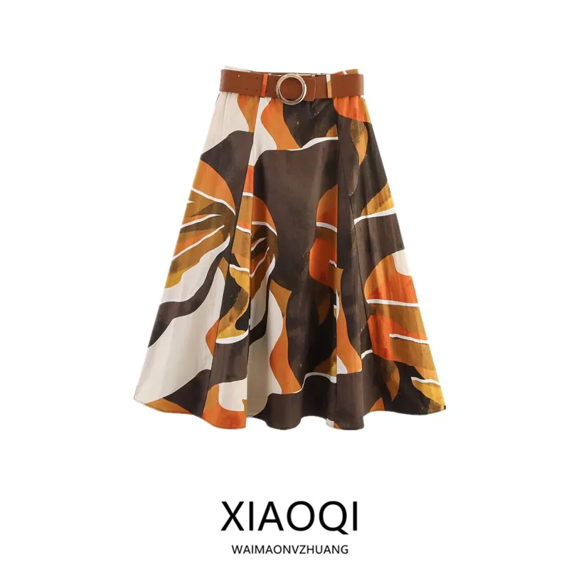

Autumn 2025 New Women's High Waist A-Line Skirt with Belt Floral Print Versatile Faion Design Casual Wear Stand Fit