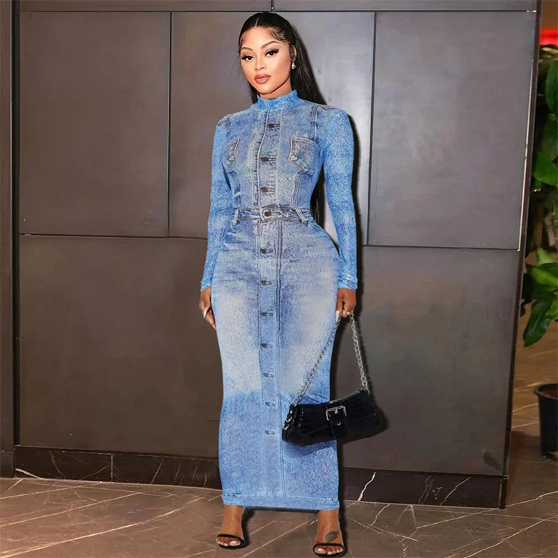 

2024 Stand Collar Winter Casual Party Outfits Jeans Printed Women Dresses 2023 Long Sleeve Maxi Dress