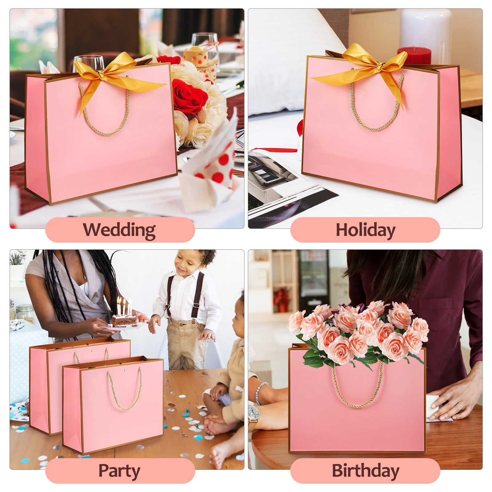 

10 Pcs Gift Bags Pink Gold Frame Bow Ribbon 32x25x11 Water Resistant Thick Paper Party Wedding Shopping Present Storage Bag Gift